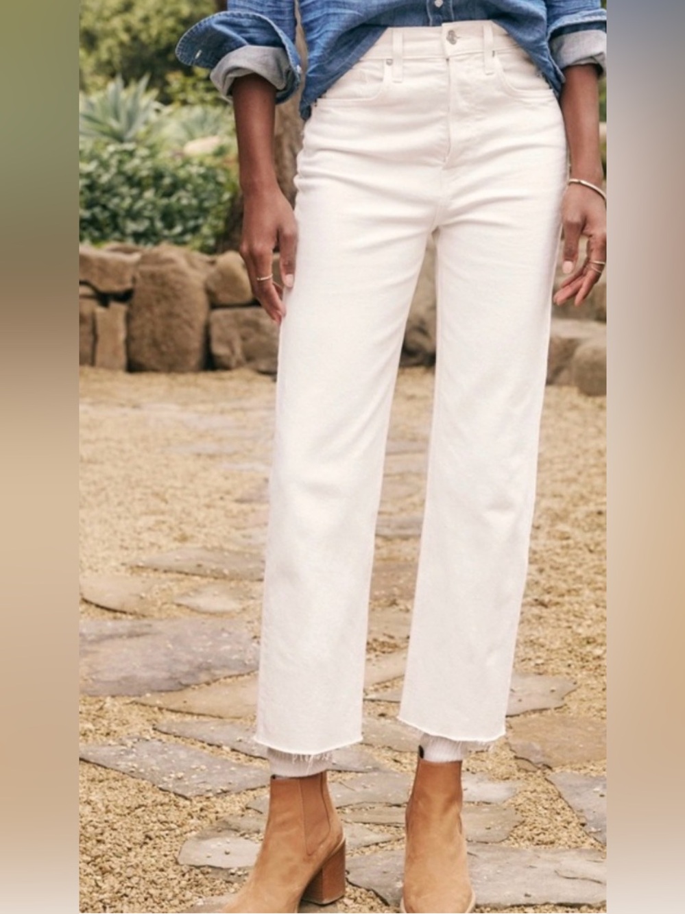 Frank & Eileen "Monaghan" Cropped Button Fly High- Rise Off White/Ivory Jeans 27